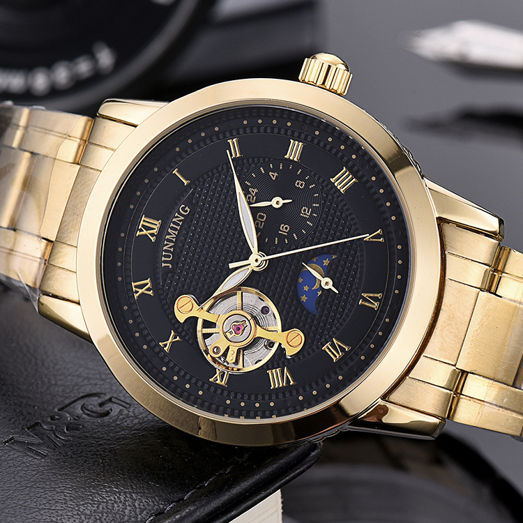 junming全自动男士防水机械表钢带间金三盘五针透底商务手表男表