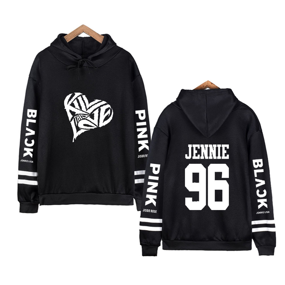 blackpink周边连帽卫衣黑色双杠外套加绒男女春秋休闲装应援衣服