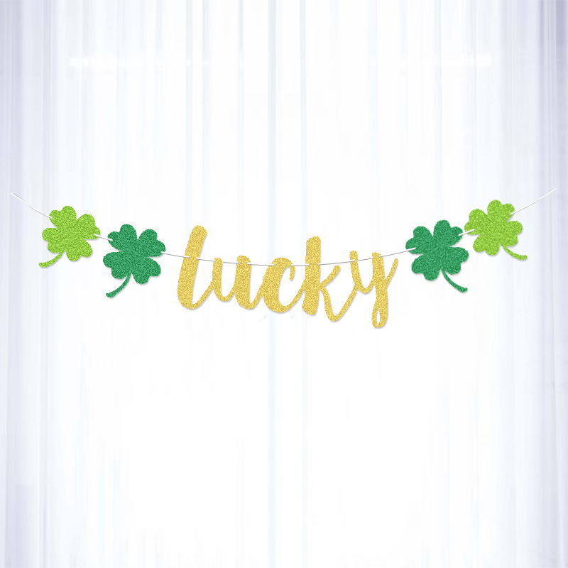 厂家直销 欧美热销圣帕特里克狂欢节派对装饰拉花lucky金粉拉旗