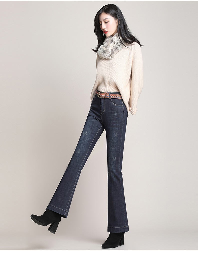 ty-6810 磨毛植绒牛仔女裤2019冬季ol气质长裤微喇裤时尚高腰休闲裤