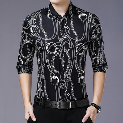 春秋季新款男装真丝衬衫男长袖桑蚕丝衬衣中年时尚印花丝绸上衣