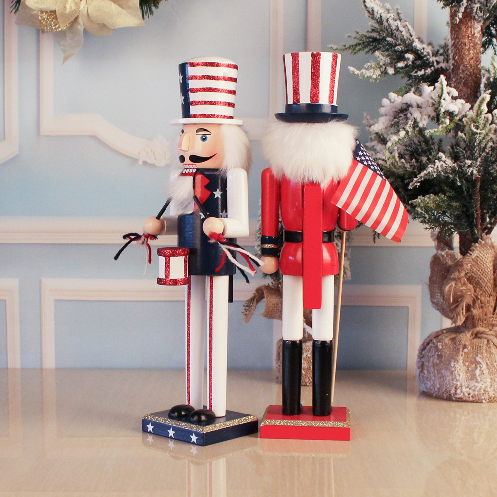 Cross-Border Manufacturers 38cm American Flag Tabor Hand Nutcracker Puppet Small Walnut Soldier Christmas Ornament Wholesale