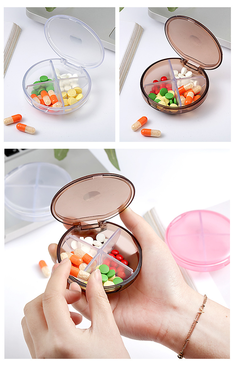 便携4格药盒随身携带可拆卸四格圆形小药盒首饰盒密封防尘收纳盒