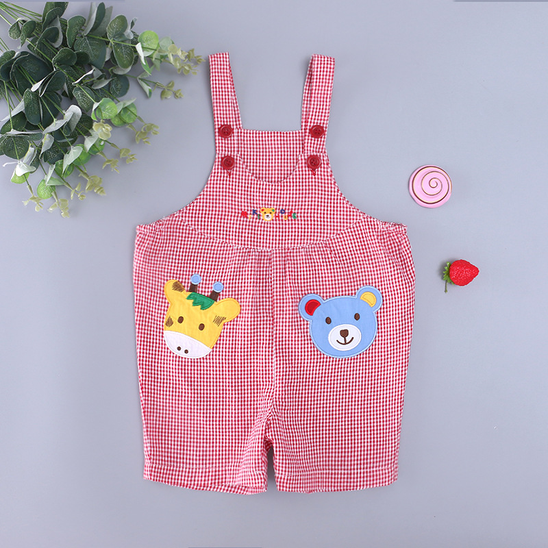 miki日系新款南瓜裤熊鹿卡通贴布刺绣格子男女宝田鸡裤背带裤批发