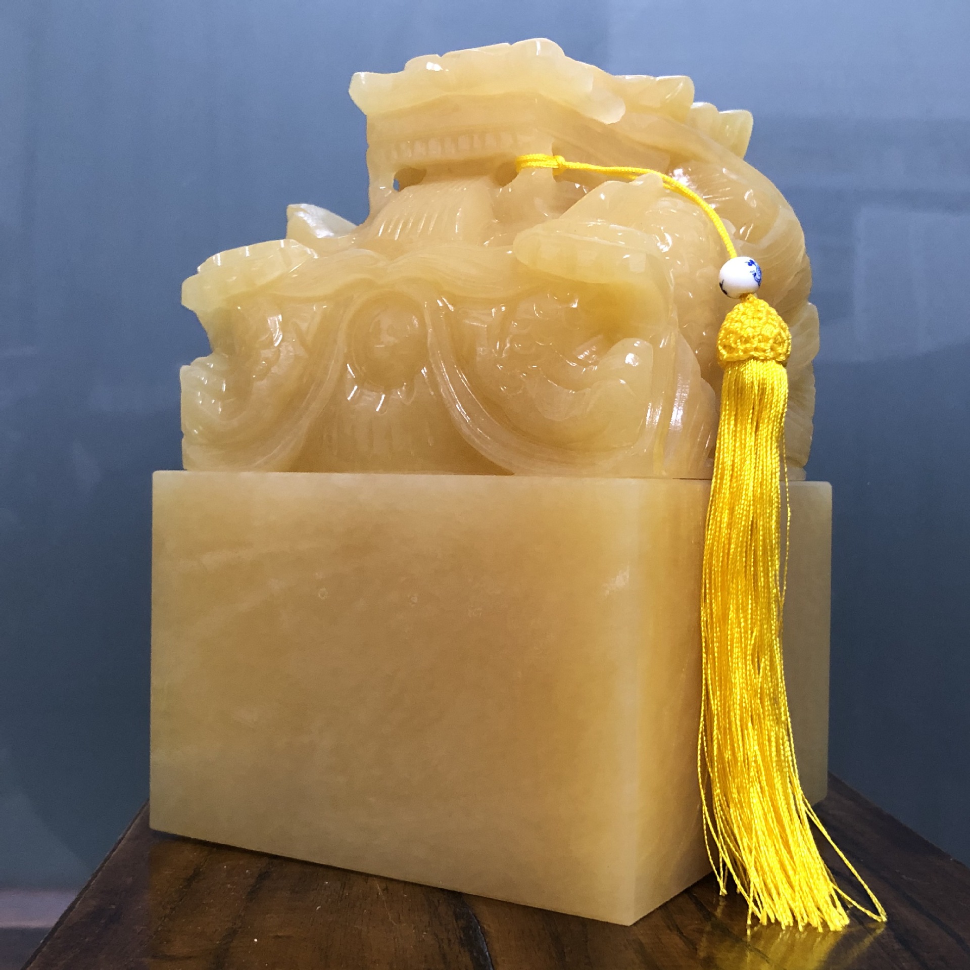 米黄玉龙头印章摆件玉玺黄龙玉篆刻姓名书画书法藏书水花印章玉玺