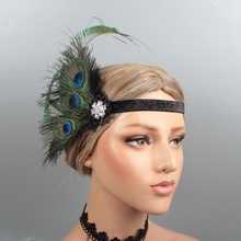 欧美新款gatsby复古孔雀羽毛头带 羽毛头饰 水钻发带lw1011