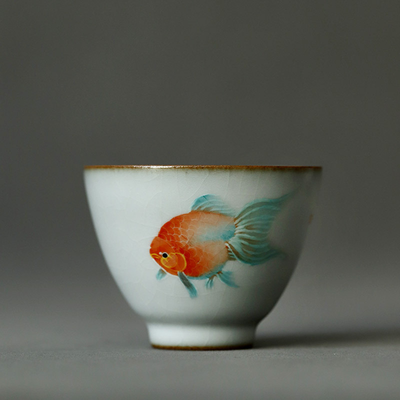 景德镇手绘金鱼图汝窑陶瓷主人杯大号茶盏手工汝瓷开片可养茶杯