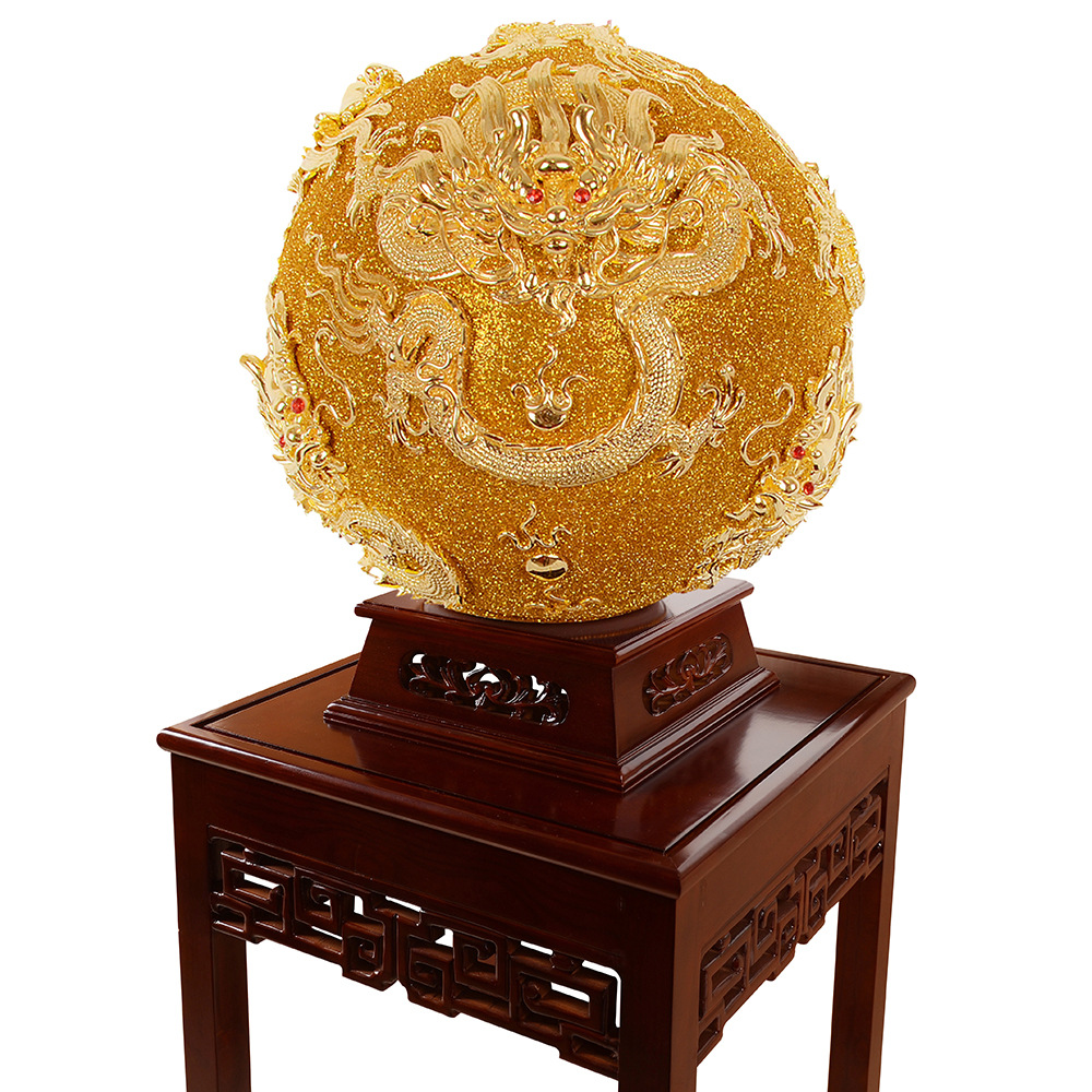 九龙至尊金球漆线雕 纯手工24k纯金箔 实木高脚底座高档礼品