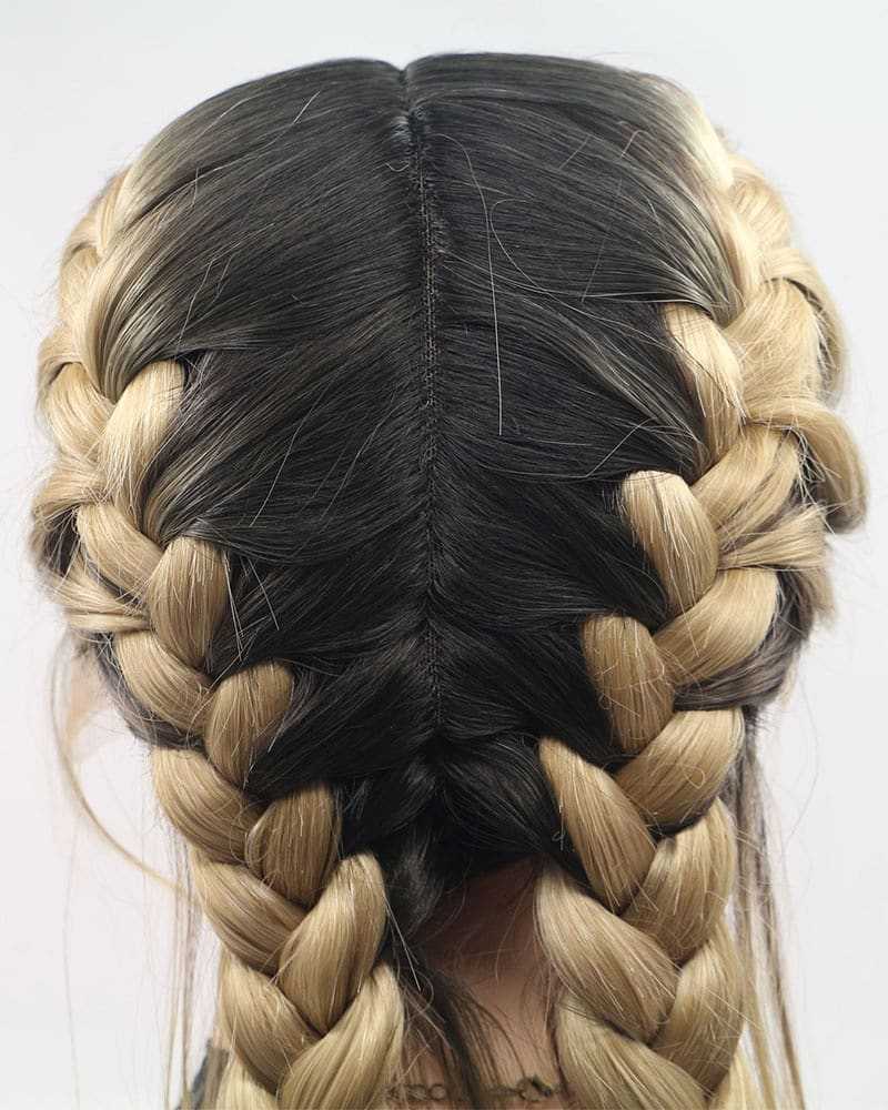 假发欧美款鱼骨辫直发编染色渐变双色双马尾麻花辫前蕾丝化纤头套