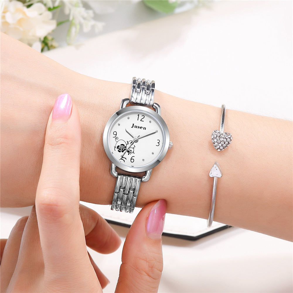 时尚精致气质女士手表 中国风玫瑰花图案石英钢带女士手链表