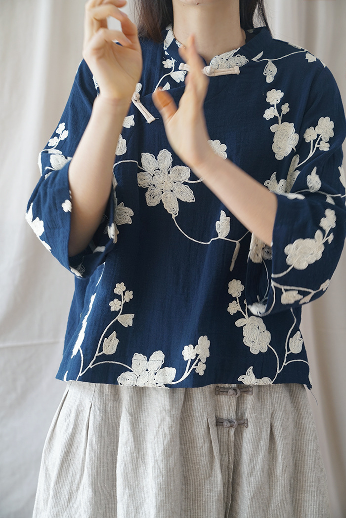 原创棉麻女装复古中式斜襟绣花宽松衬衫上衣国风民国女子s1960