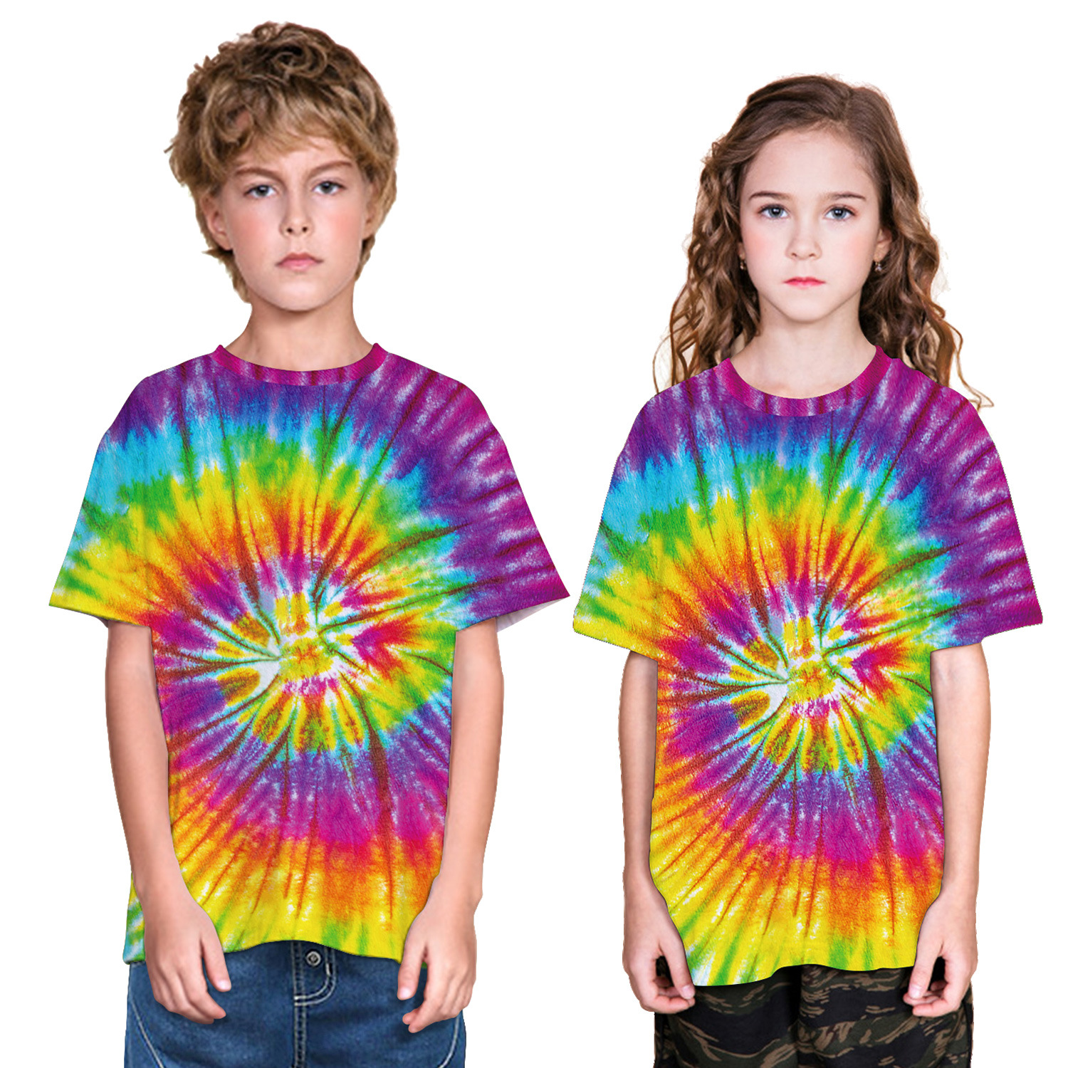 工厂直销新品扎染女童t恤 男女儿童宽松透气短袖运动衫 童装批发