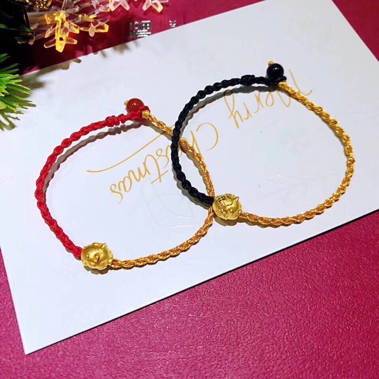 3d硬金 足金999五福猪手绳 黄金小猪手工红绳本命年情侣手链