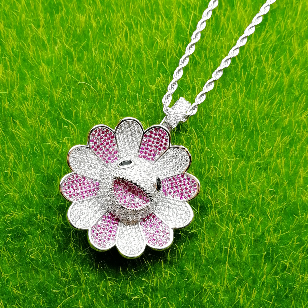 爆款可旋转嘻哈吊坠 村上隆太阳花项链 立体满锆七彩太阳花项链