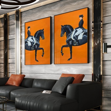 轻奢玄关装饰画餐厅爱马仕橙北欧挂画骏马墙画入户轻奢客厅装饰画