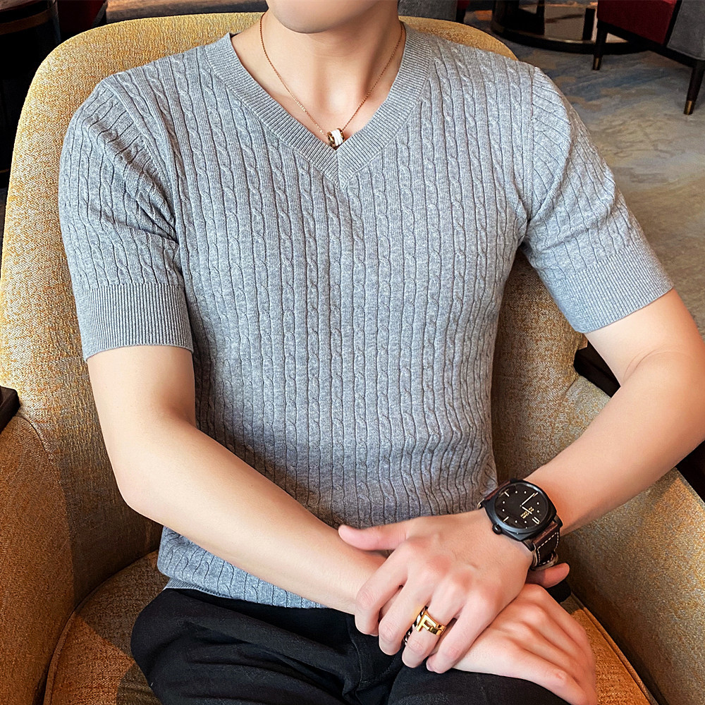 男士薄款短袖针织衫潮流v领半袖毛衣男青年修身打底体恤衫