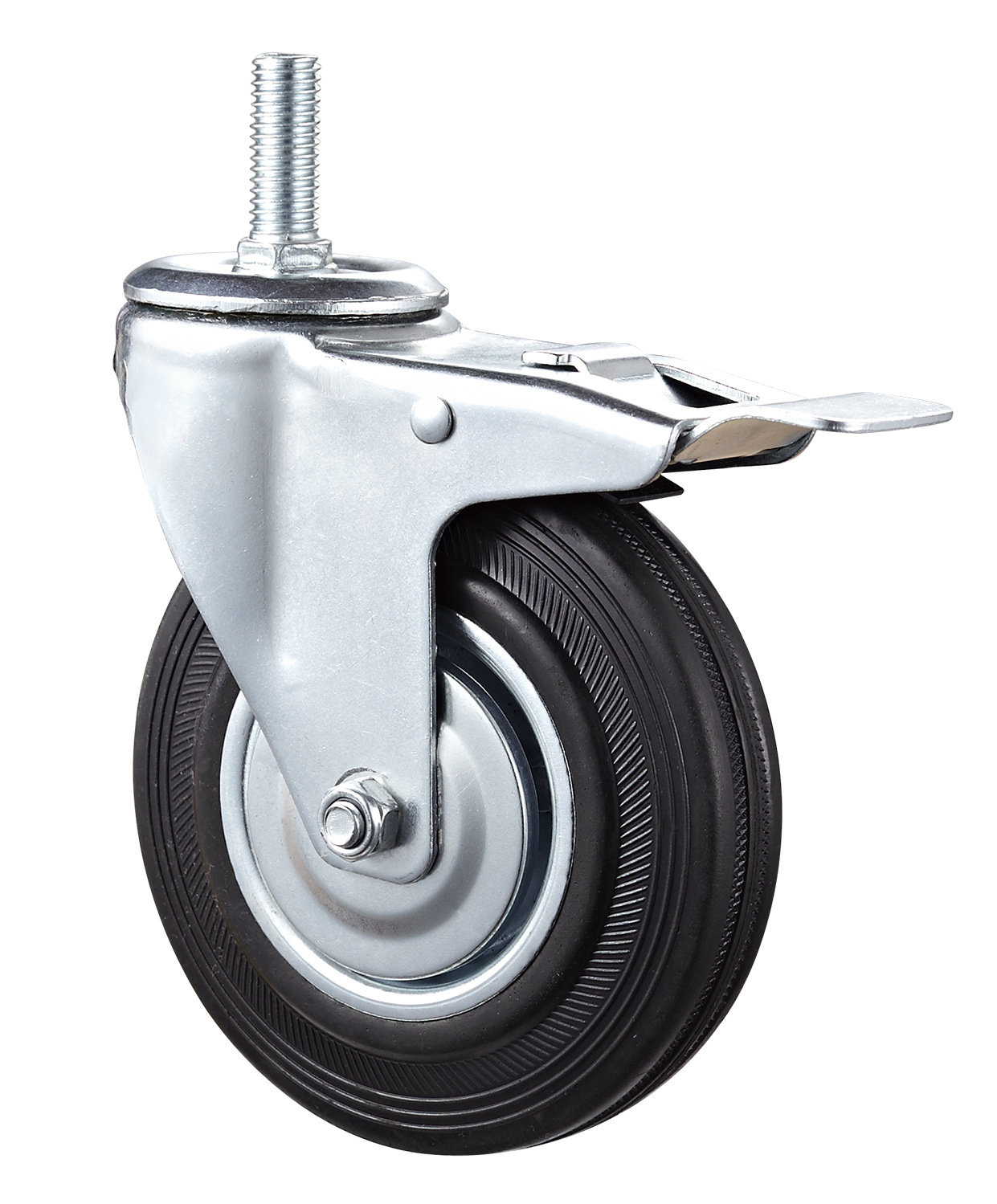 丝杆活动工业橡胶脚轮5寸实心静音橡胶轮定向万向刹车丝杆孔顶