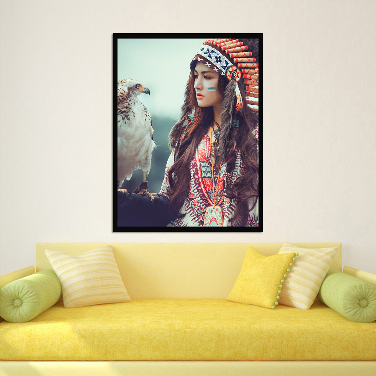 跨境联画wish aliexpress卧室现在简约 印第安人美女和鹰家居油画