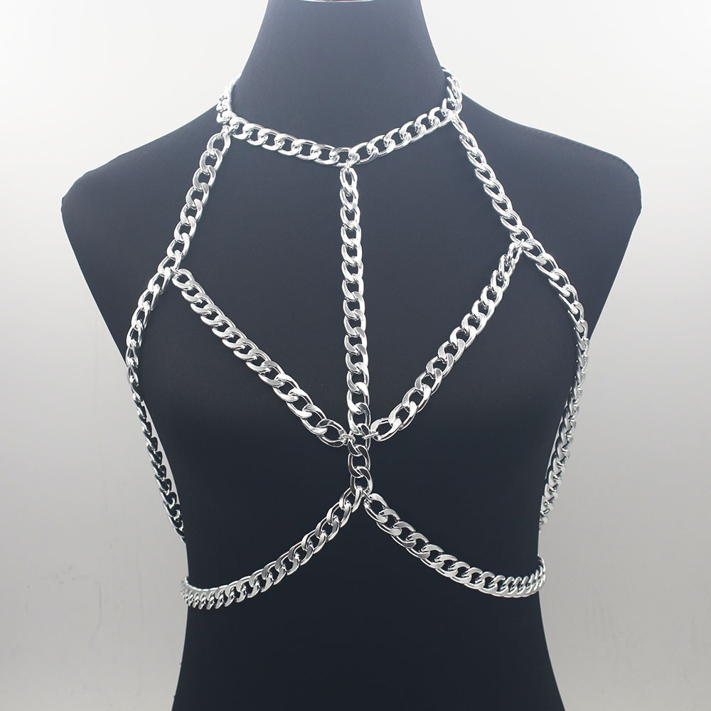 铝链朋克风粗链胸链 女士性感金属交叉身体链项链配饰