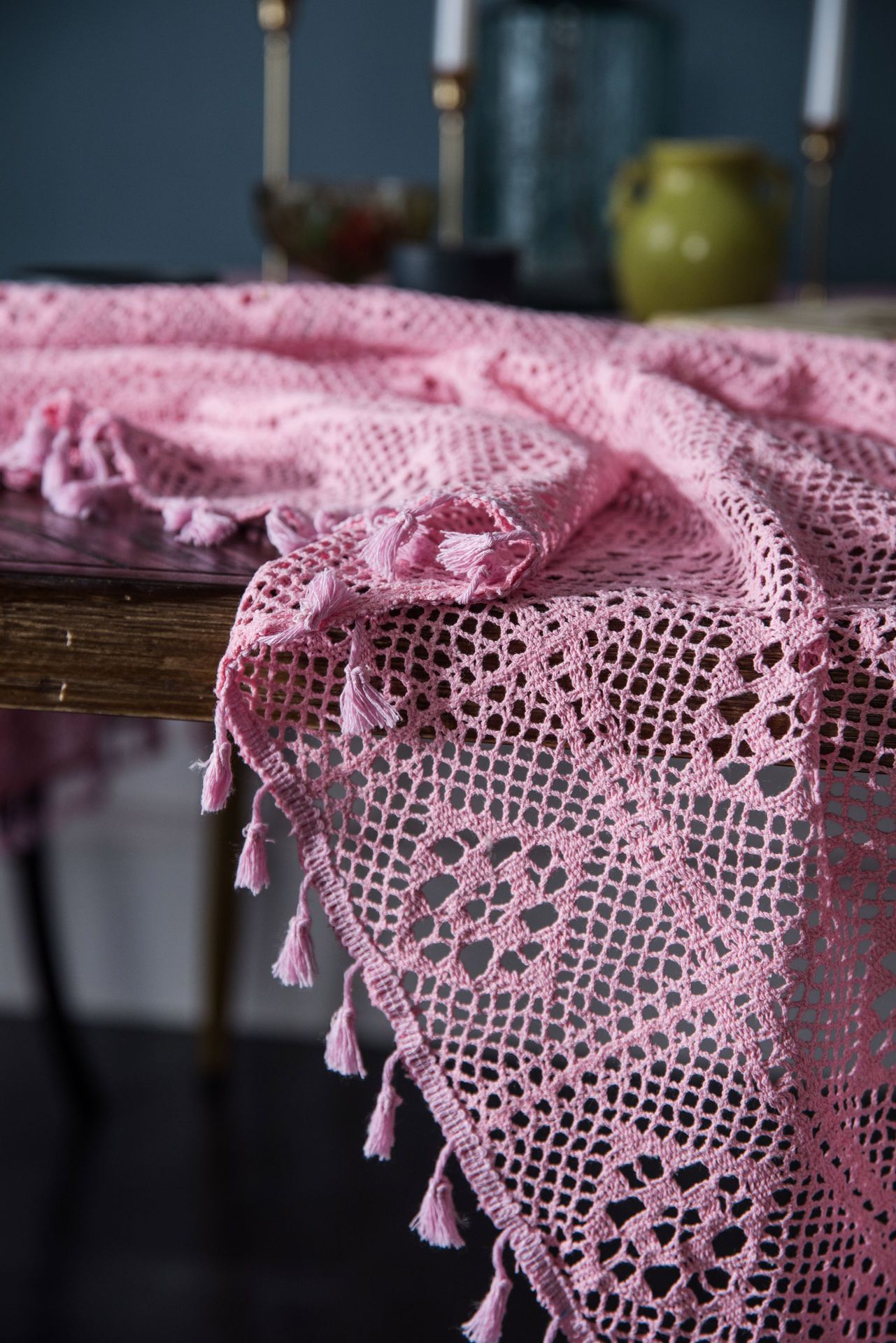 粉色复古美式手工钩针圆桌布针织镂空文艺柳树茶几盖布拍摄背景布