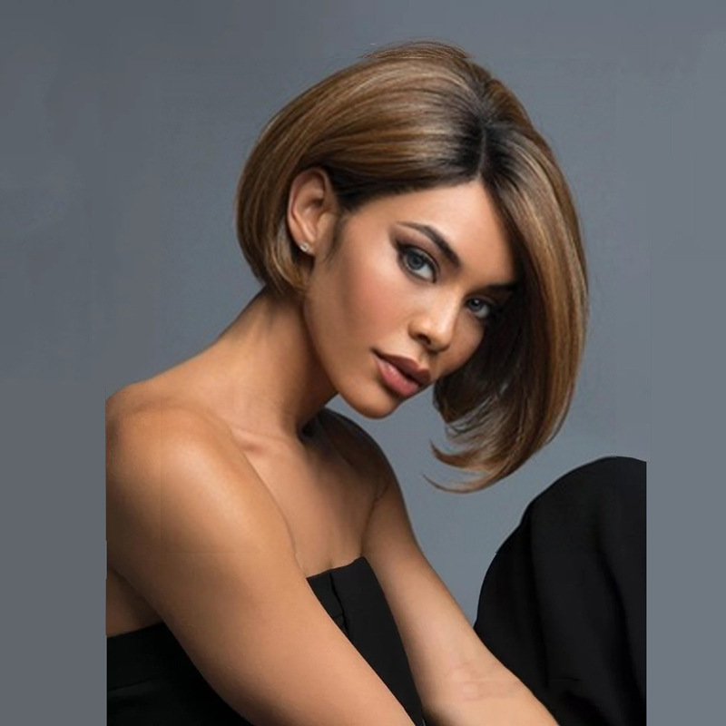 欧美女士假发 染色黑色渐变亚棕色偏分bobo短直发内扣波波头短发