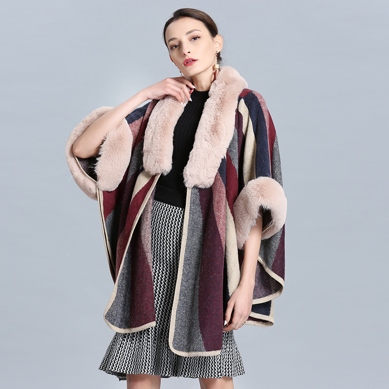 2021 European and American Imitation Fox Fur Collar Cloak outside Colorful Contrast Color Striped Knitted Inverness 603#