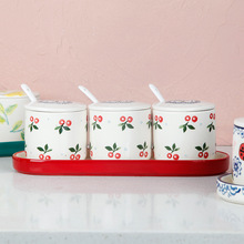 手绘樱桃陶瓷厨房调料罐套装家用组合装有盖日式盐罐收纳罐三件套
