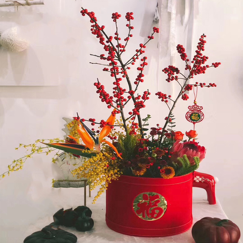 新年福字抱抱桶银柳花束插花桶创意喜庆伴手礼盒毛呢圆形大福桶