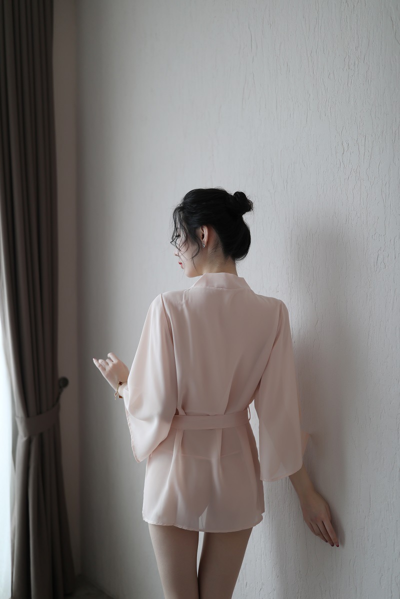 爱如如情趣内衣新品性感诱惑女装透明雪纺睡袍三点式浴袍套装外贸