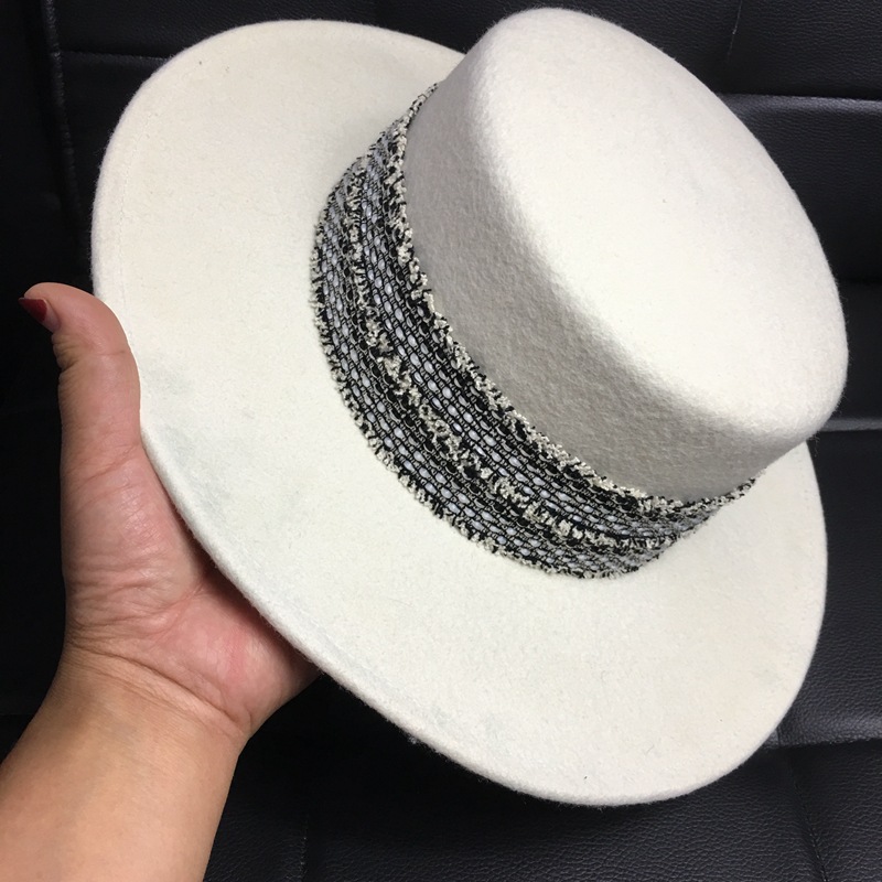 2019秋冬新款网红同款白色羊毛呢平顶礼帽优雅名媛凹造型帽子