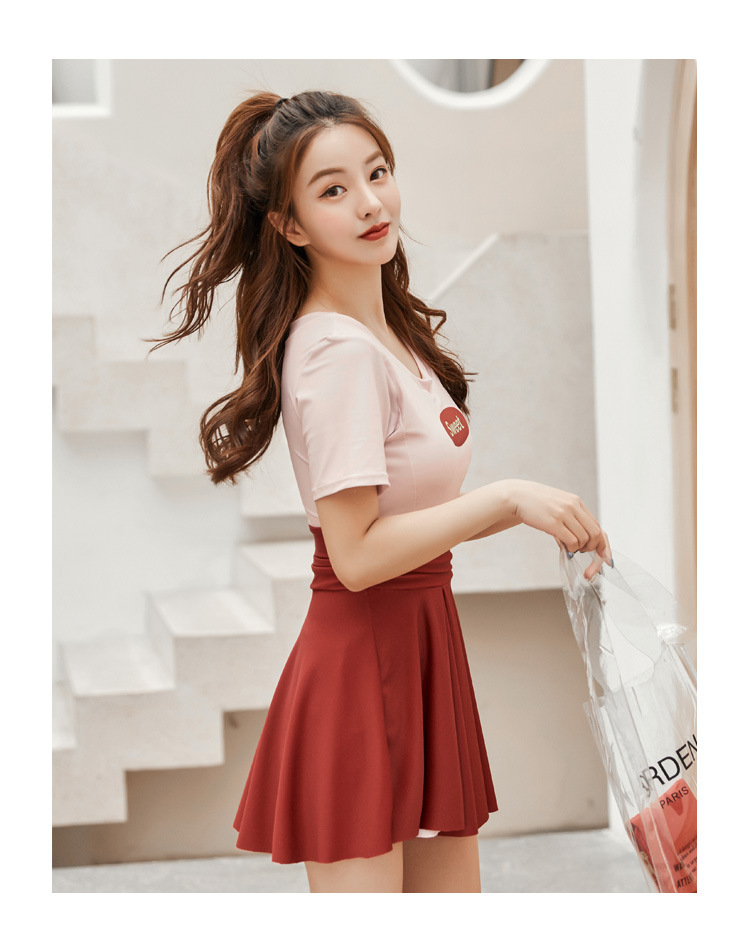 韩国新款裙式分体泳衣温泉学生保守短袖两件套女保守修身泳装