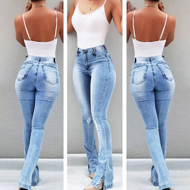 Mrl04# Cross-Border Jeans Amazon Wish Women's Sexy Slim Fit Slimming Ripped Horn Denim Trousers