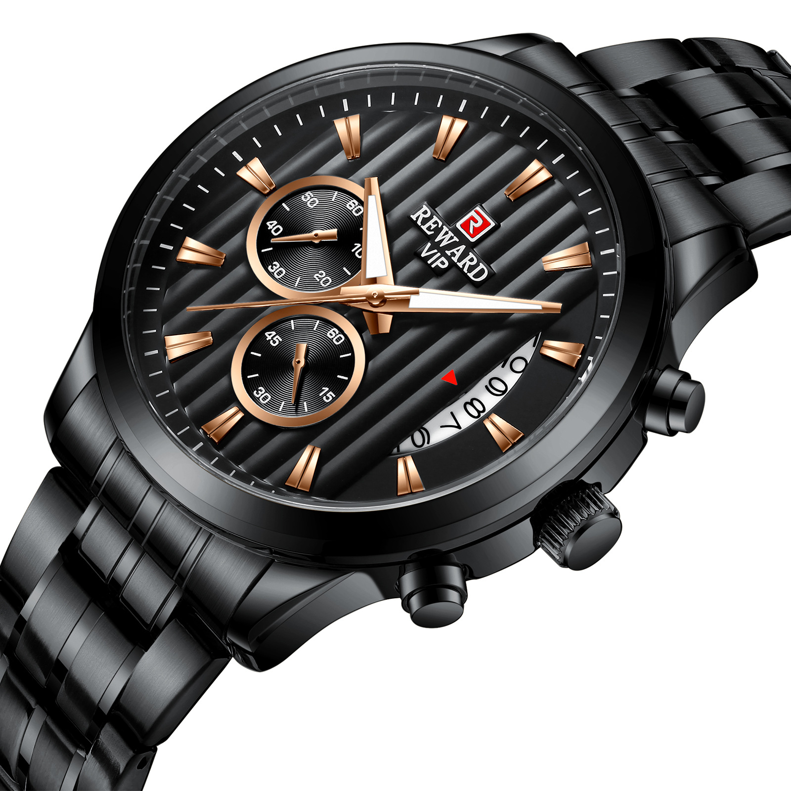 reward正品男士运动表户外防水夜光多功能计时钢带石英手表定制