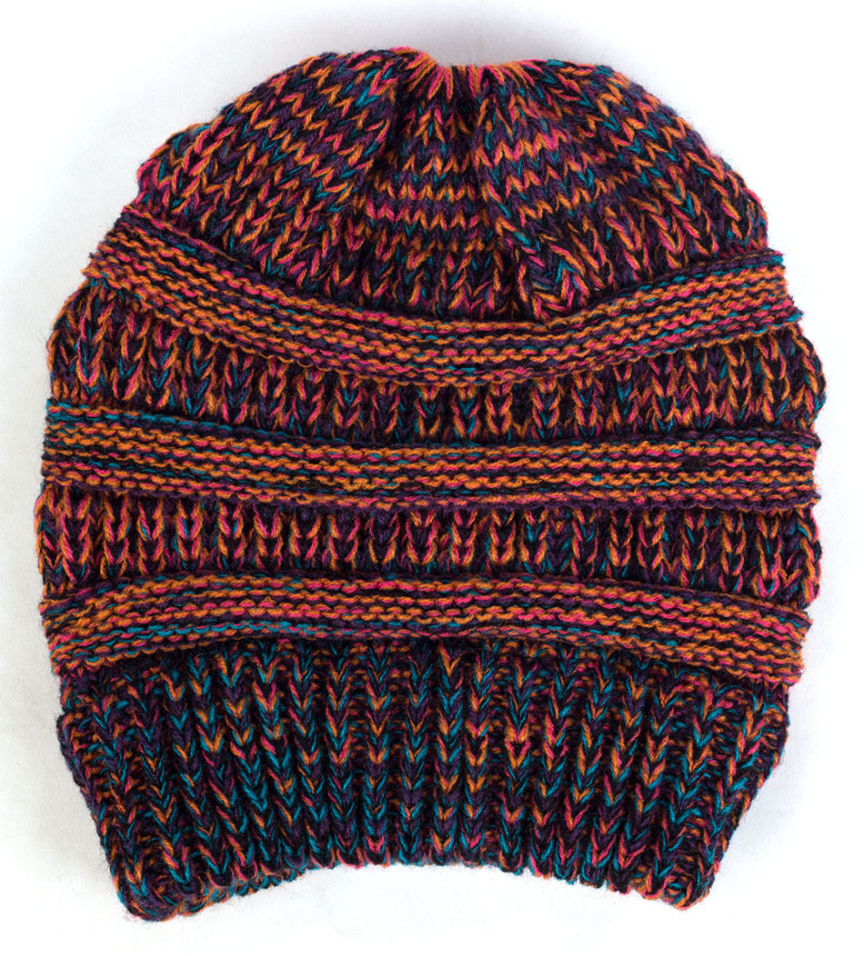 毛线帽子女士马尾针织花色杂线欧美秋冬多色套头帽空顶帽跨境爆款