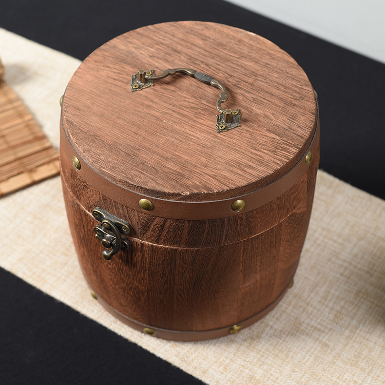 烧色复古圆形茶叶桶密封散茶木桶包装盒茶叶收纳礼盒茶包装木桶