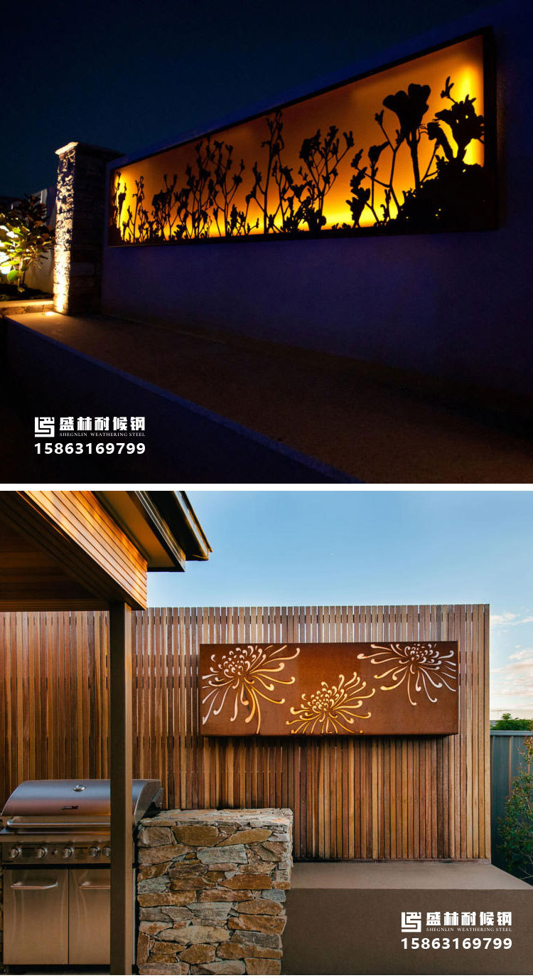 耐候钢板发光灯箱景墙定制厂家公园镂空景观锈板耐腐蚀景墙花盆