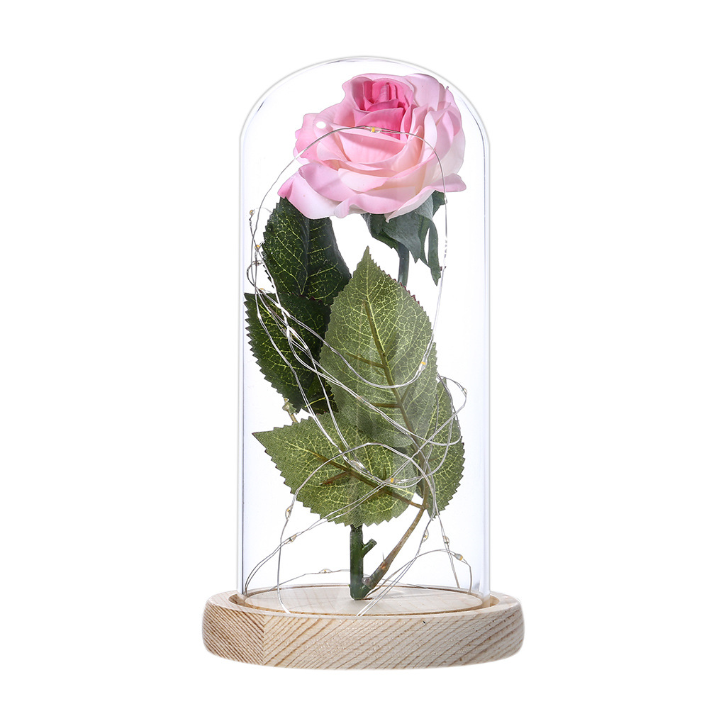 新款母亲节礼物情人玻璃罩玫瑰花带灯装饰摆件仿真花夜灯装饰花灯