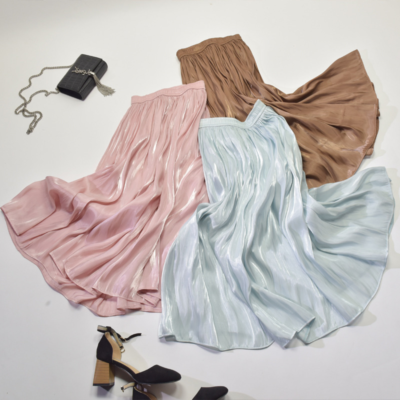 New Spring and Summer Pearlescent Glossy Silky Draping Wide Hem Flowy Pleated Skirt High Waist Mid-Length A- line Skirt Women