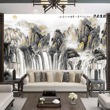 新中式山水电视背景墙布壁画流水生财客厅大气壁布水墨影视墙壁纸