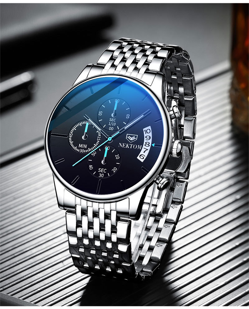 耐顿nektom男士手表时尚钢带石英表防水夜光潮流三眼6针腕表爆款