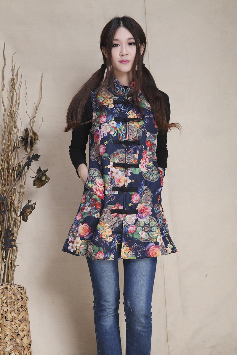 2018秋冬复古民族风印花立领盘扣棉麻马甲修身中长女士马夹上衣