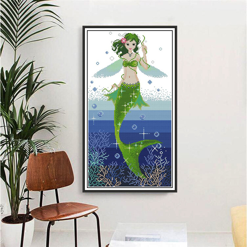 十字绣新款线绣印花竖版海的女儿美人鱼卡通人物厂家直销一件代发