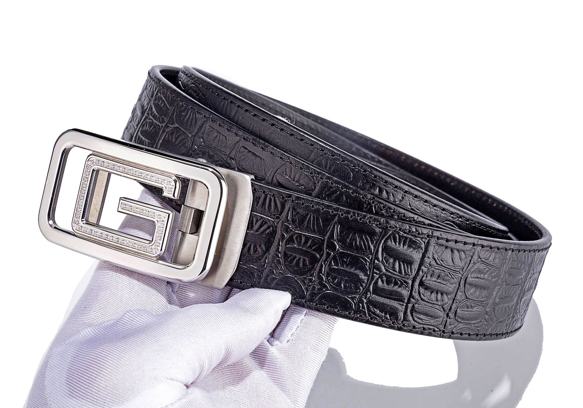 男士镶钻不锈钢扣头真皮腰带意大利进口头层牛皮纯牛皮自动扣皮带