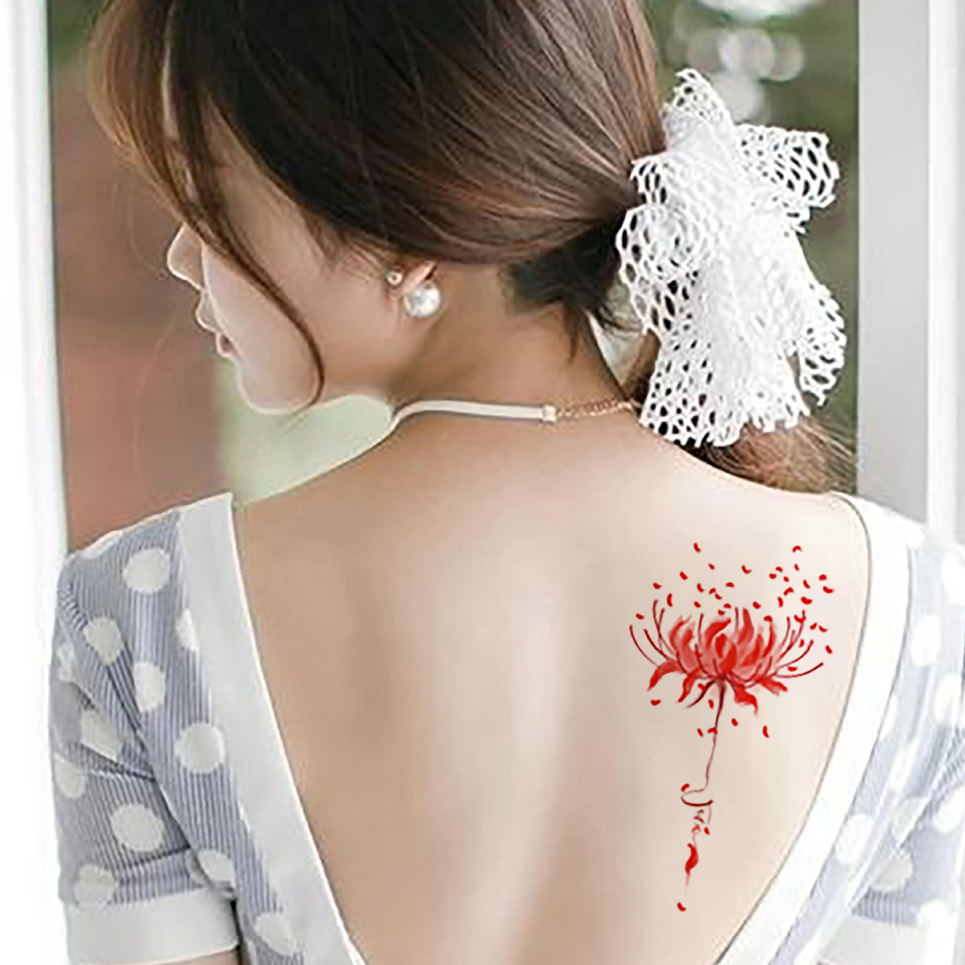现货批发大图彼岸花纹身贴 防水女持久立体仿真性感背部纹身贴画