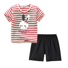 INS新款童装儿童夏季短袖套装欧美中小女童条纹兔子家居服两件套