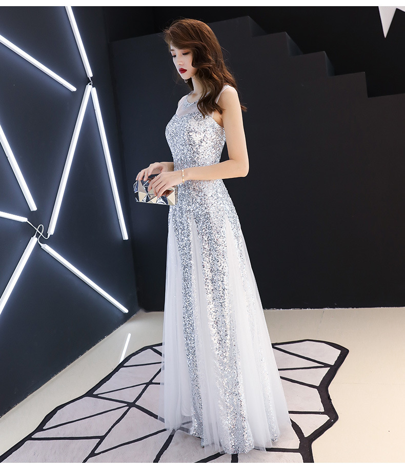 银白色年会晚礼服2022新款秋夏季端庄优雅长款亮片名媛宴会礼服女