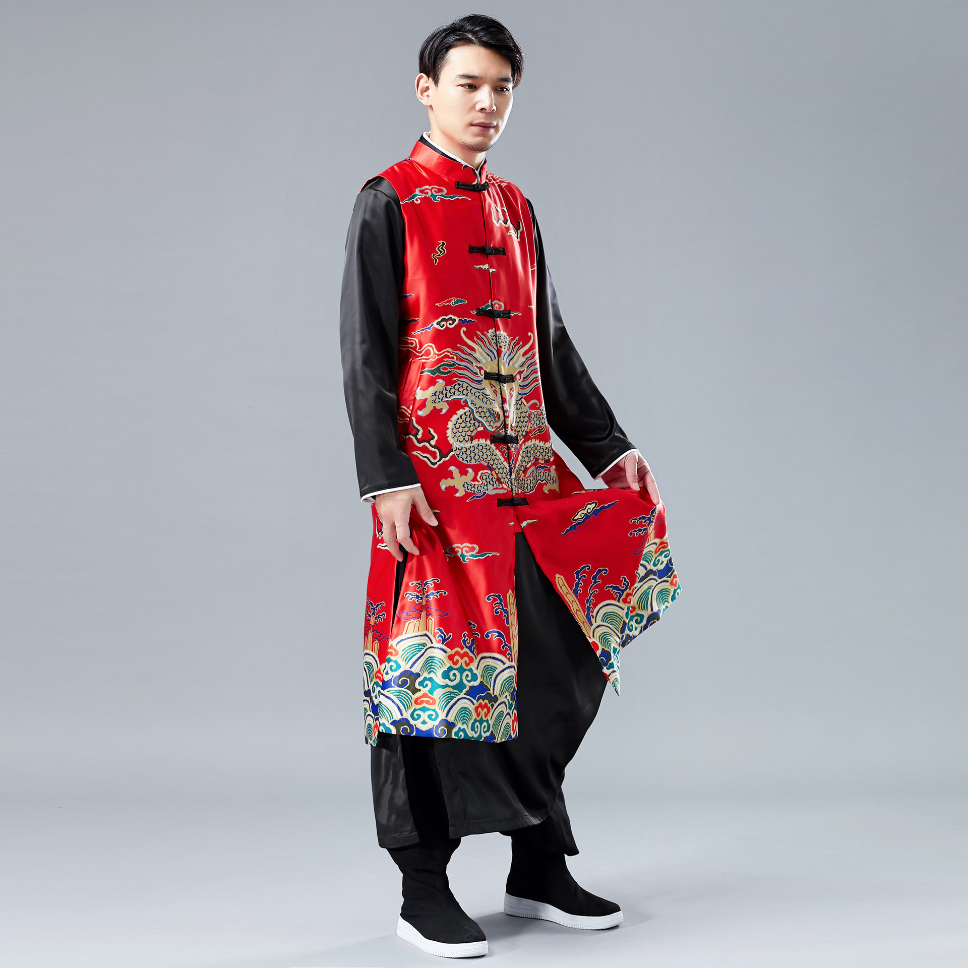 春季新款大龙长马褂唐装男中国长袍盘扣马褂坎肩男式休闲民族服装