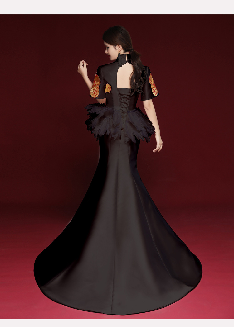 中国风性感晚礼服黑色羽毛演出礼服舞台走秀夸张旗袍长款优雅礼服