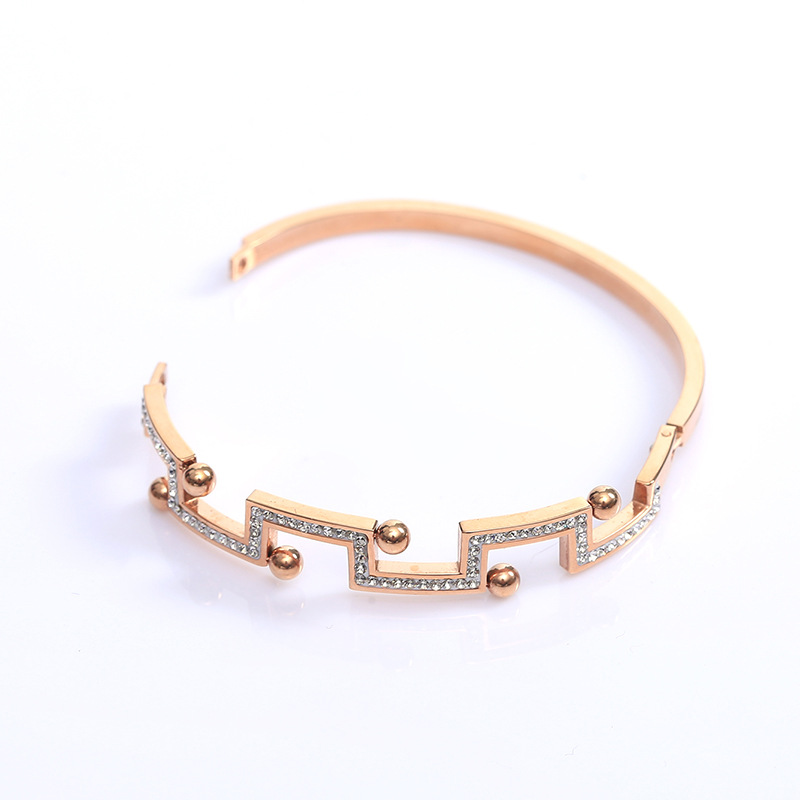 2019新款手镯 女士玫瑰金带小钢珠镶钻石不锈钢饰品 创意开口手环