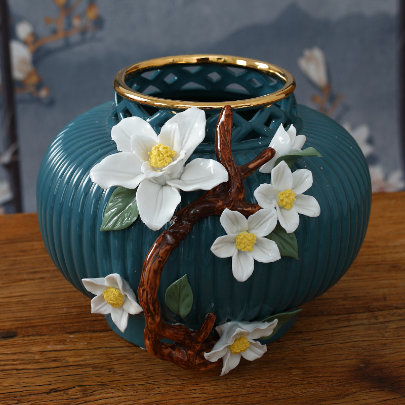 创意高档陶瓷花瓶大口宽口花器家居新中式客厅餐厅别墅插花摆件